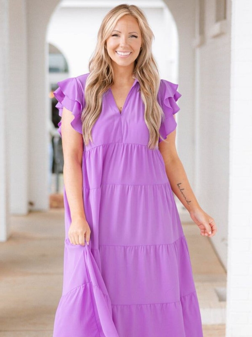 Women’s Lavender Ruffle Sleeve Tiered V-Neck Top
